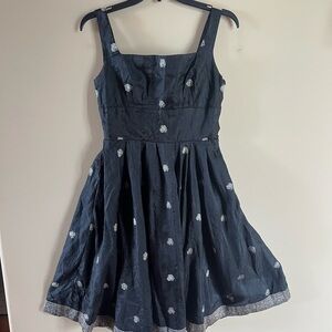 Navy Blue Sleeveless Dress with Floral Embroidery